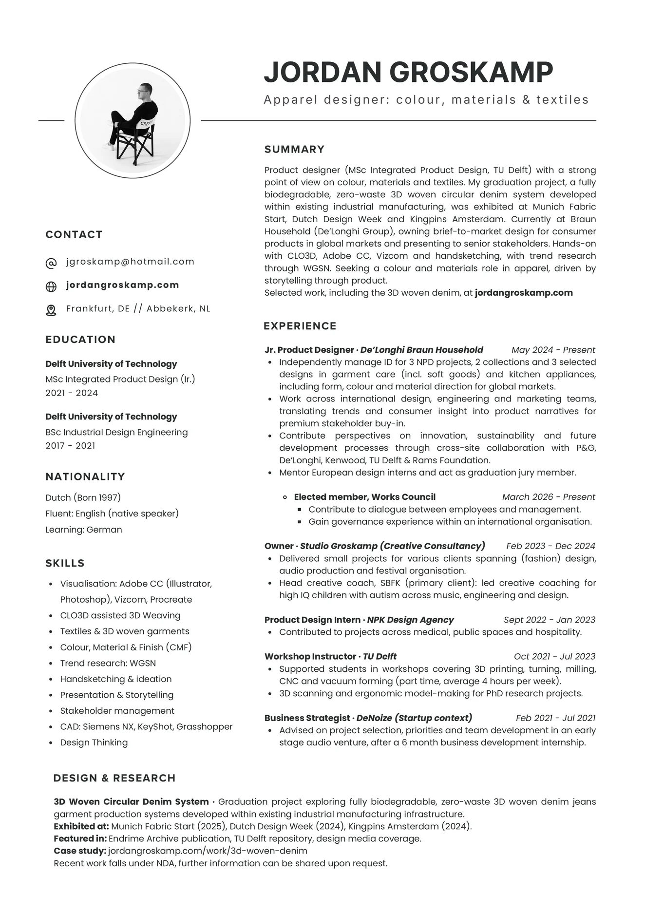 One-page CV of Jordan Groskamp