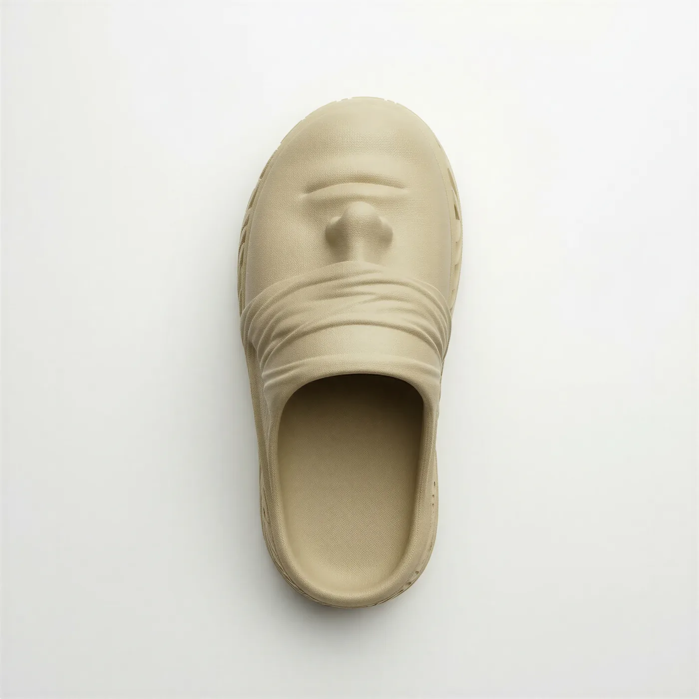 From above: the blindfold wraps the instep