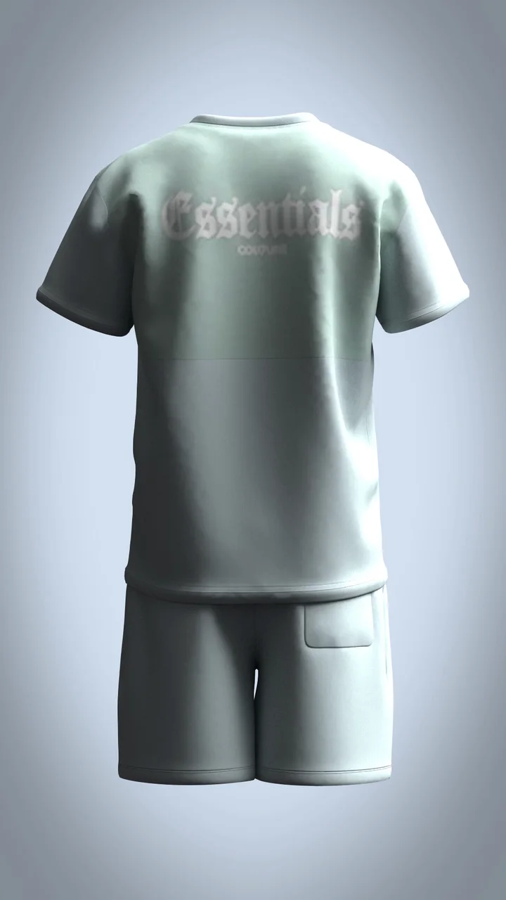 THE MIAMI tee and shorts in mint from the back, the gothic ESSENTIALS print across the shoulders, rendered in CLO3D