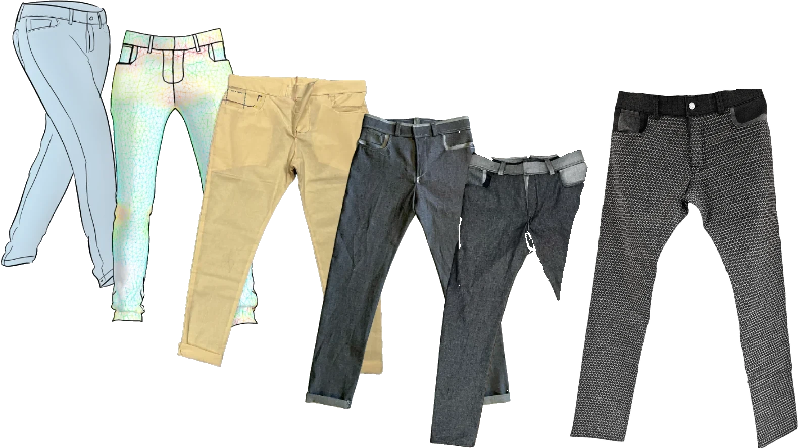 Six versions of the jeans in a row: sketch, CLO3D model, calico prototype, first and second woven prototypes, and the final pair