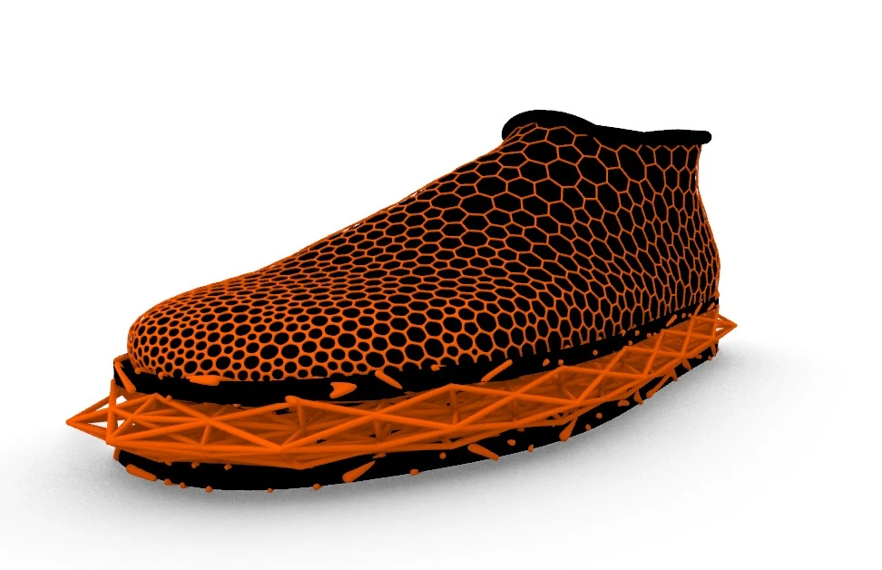 Render of the parametric shoe: an orange Voronoi sock upper on a lattice midsole