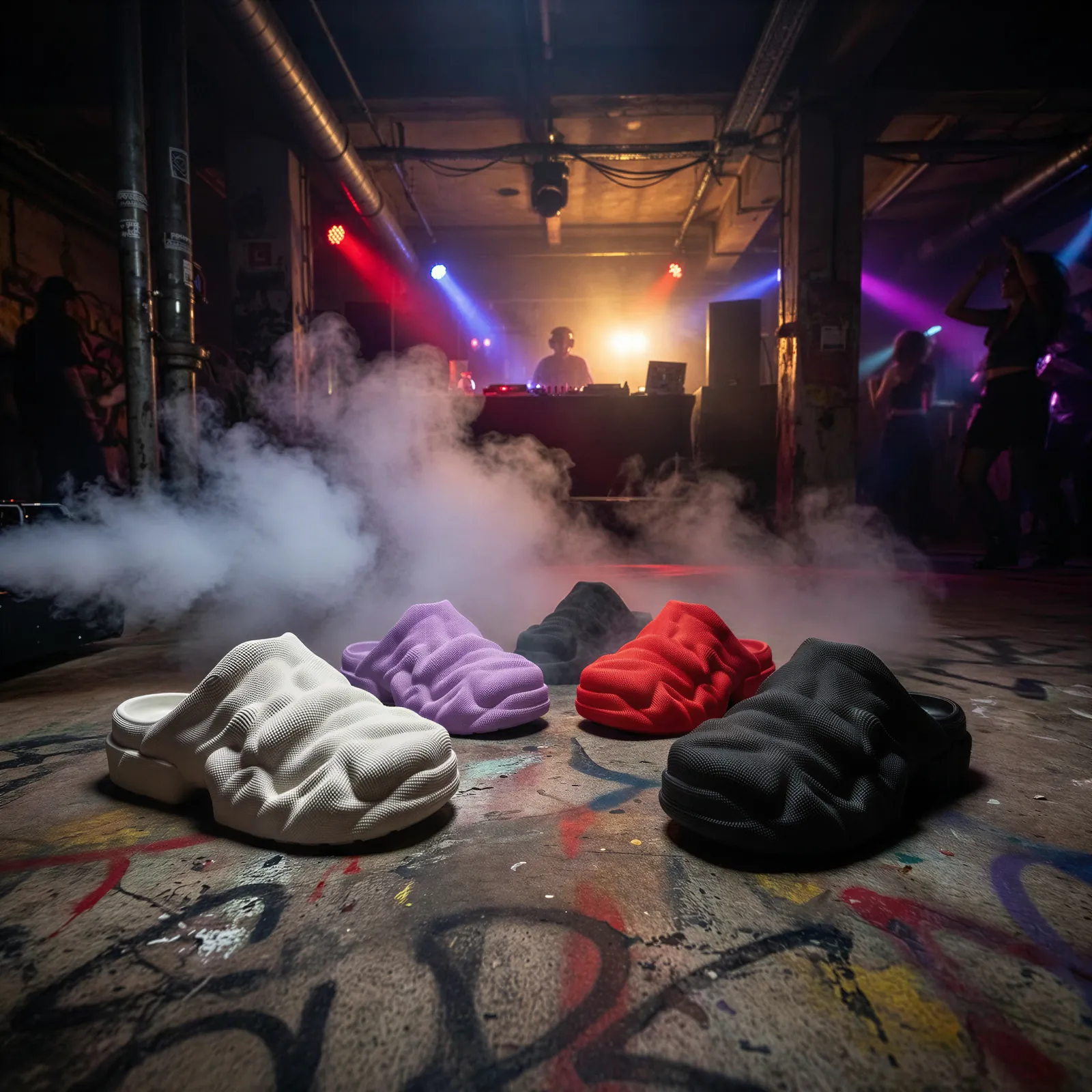 Five Technomules in bone, lilac, grey, red and black on a graffiti-covered club floor, with smoke and stage lights behind