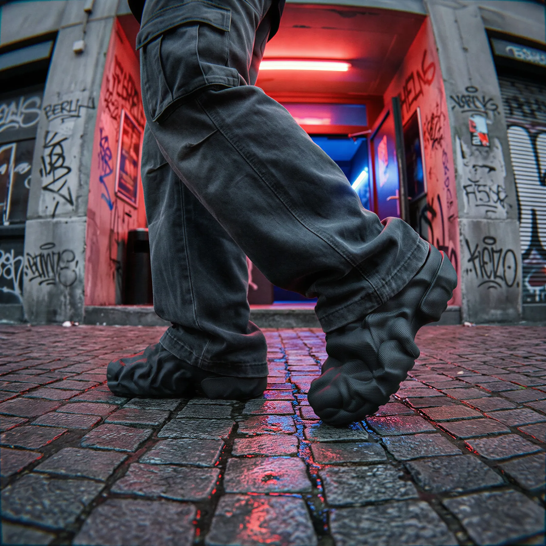 Technomule worn with wide black cargo jeans on wet cobblestones, outside a Berlin club door lit red and blue