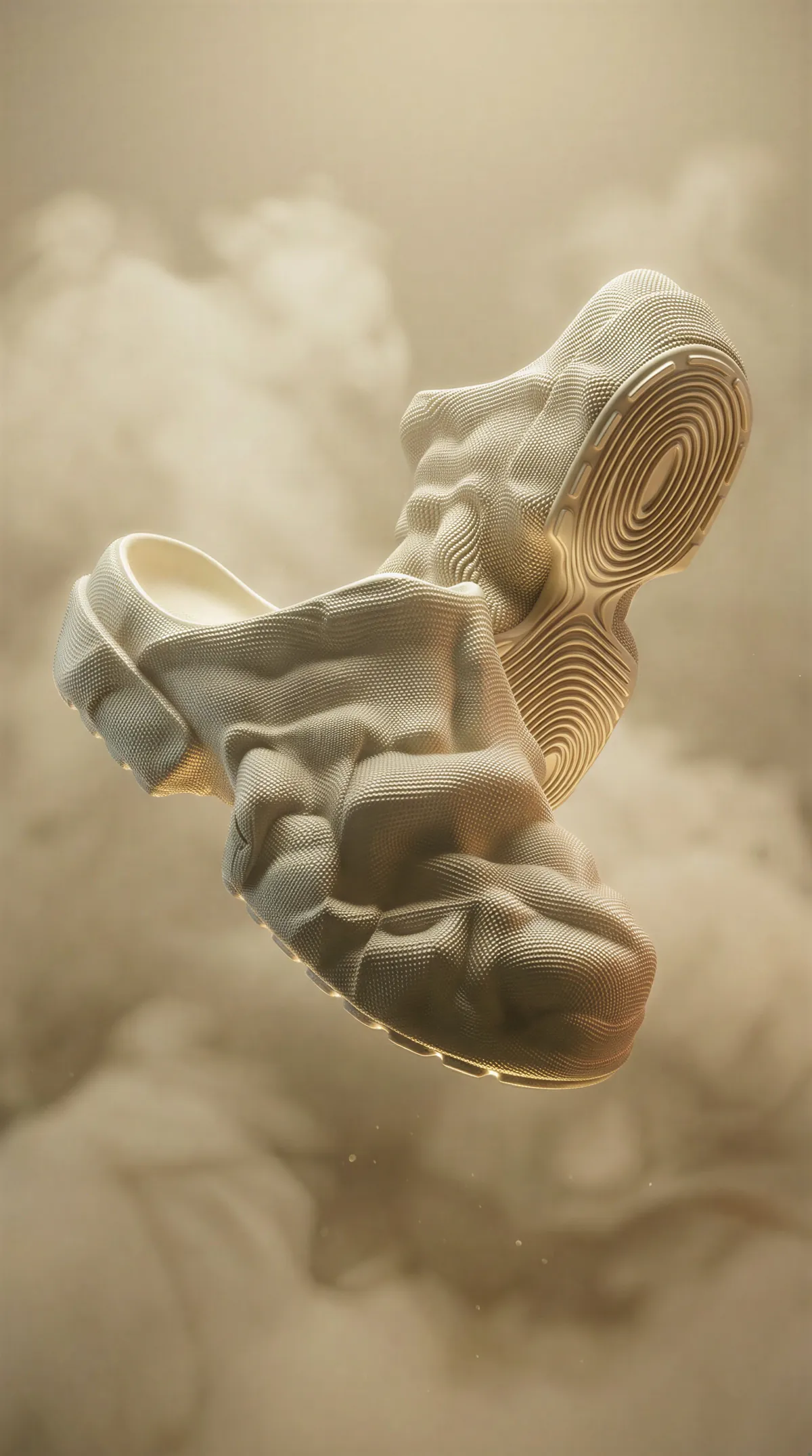 A bone-coloured pair of Technomules floating in warm smoke, outsole rings facing the camera